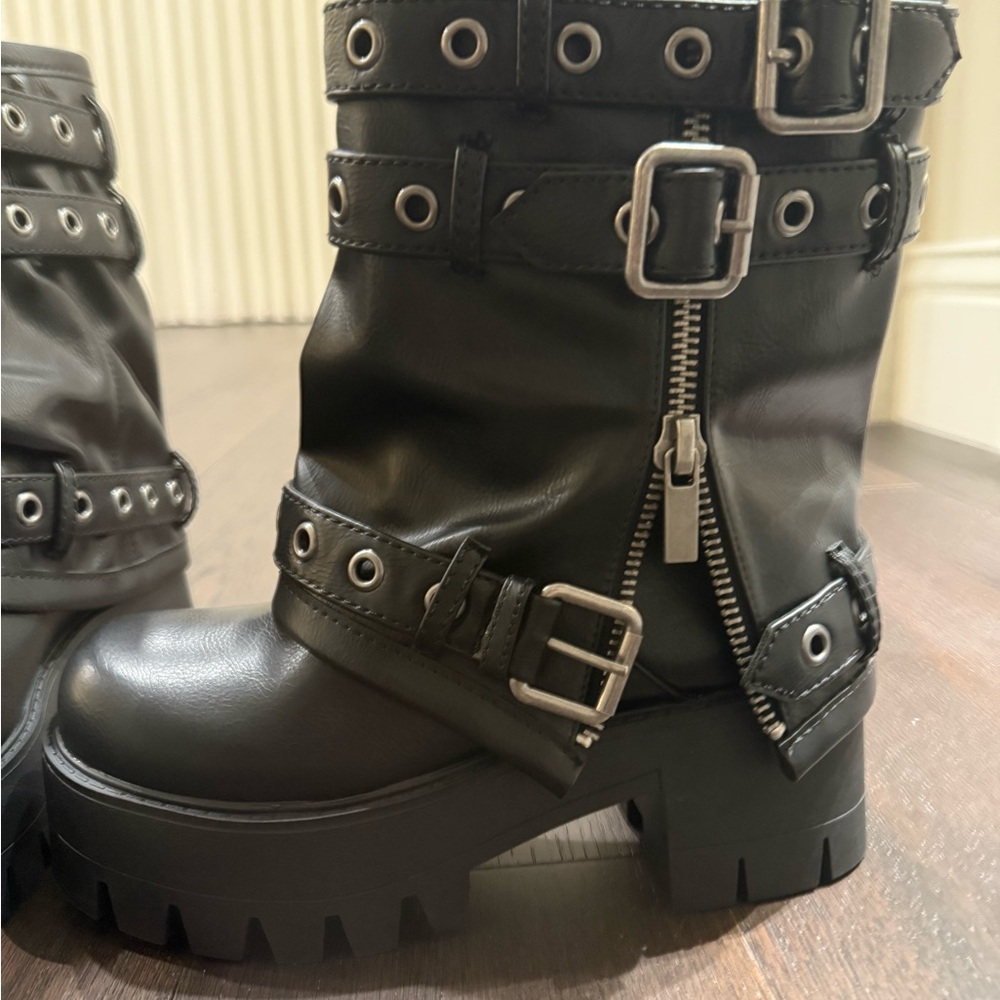 Dolls Kill Black Combat Boots with Buckle Straps - Picture 4 of 8